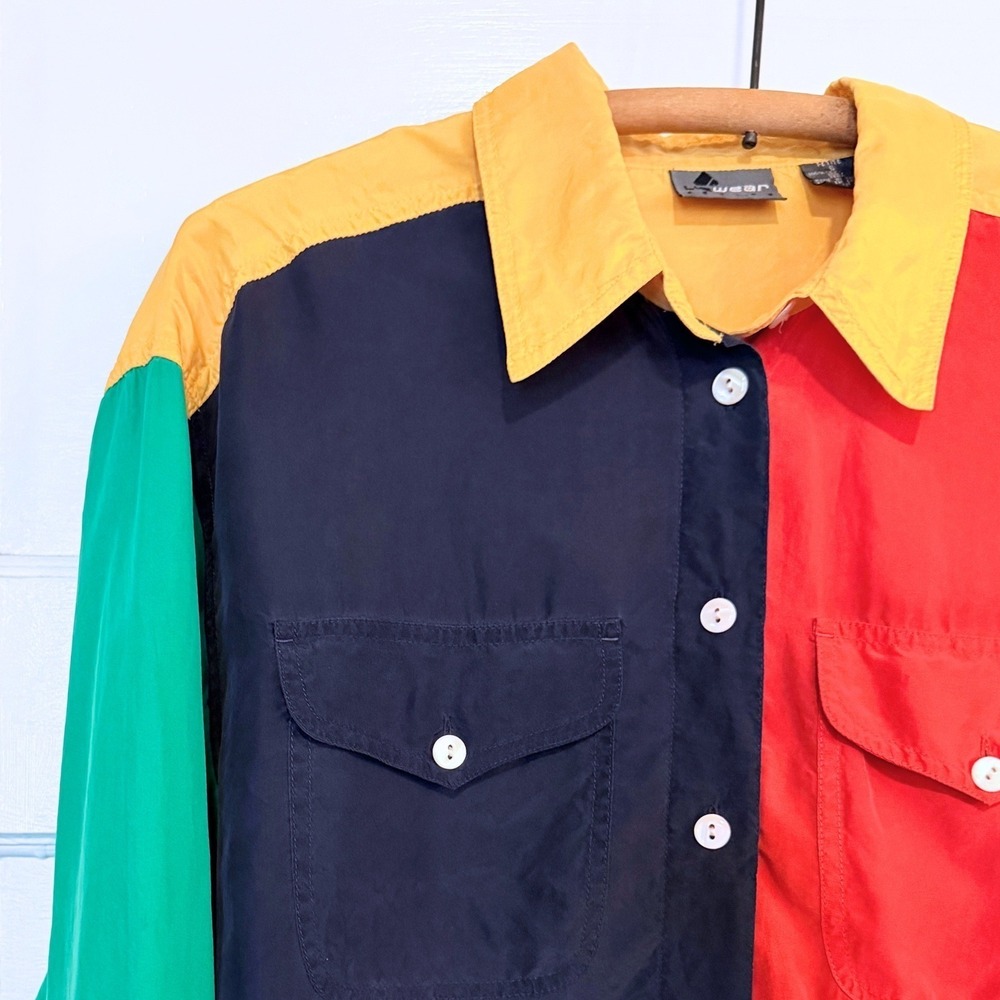 VTG Vintage Lizwear Liz Claiborne Silk Colorblock Shirt Petite S Y2K 90s - Picture 5 of 8